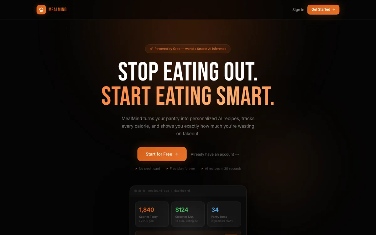 Meal Mind landing page: Stop eating out, start eating smart, with a dashboard preview of calories, groceries and pantry items