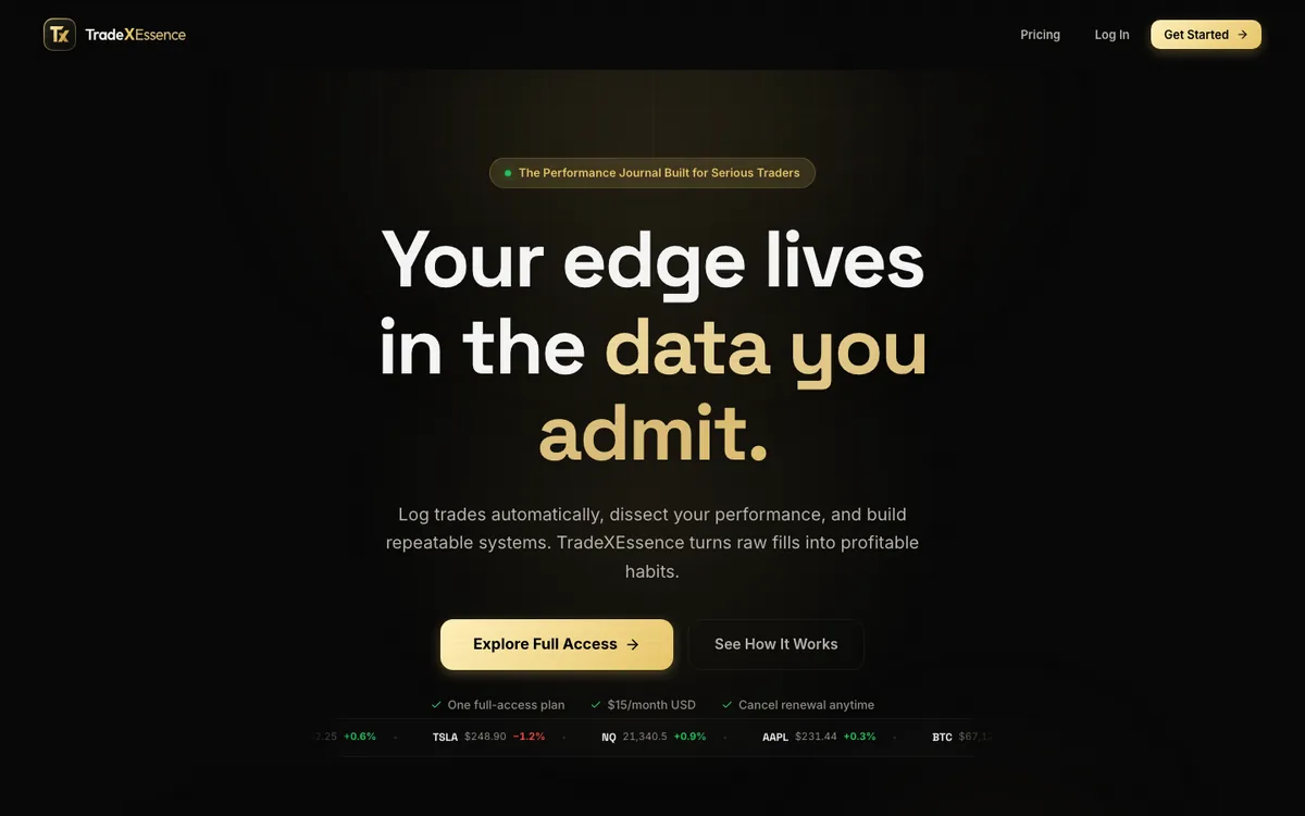 Trade Journal landing page headline reading Your edge lives in the data you admit, with a live ticker strip